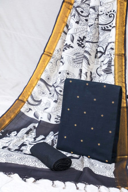Black Handwoven Cotton Jacquard Suit with Kalamkari Dupatta (3 pc set)