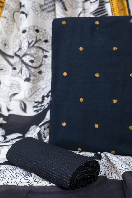 Black Handwoven Cotton Jacquard Suit with Kalamkari Dupatta (3 pc set)