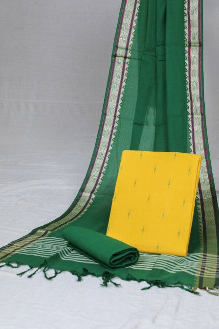 Yellow Handwoven cotton Jacquard suit with Woven Border Dupatta (3 Pc Set)