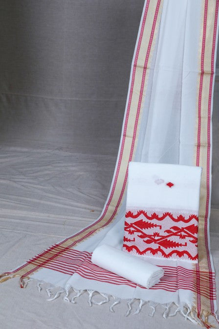White Handwoven cotton Jacquard suit with Woven Border Dupatta (3 Pc Set)