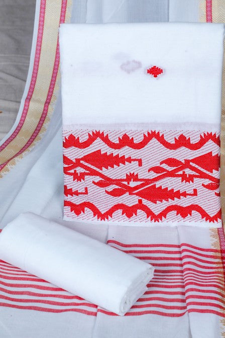 White Handwoven cotton Jacquard suit with Woven Border Dupatta (3 Pc Set)