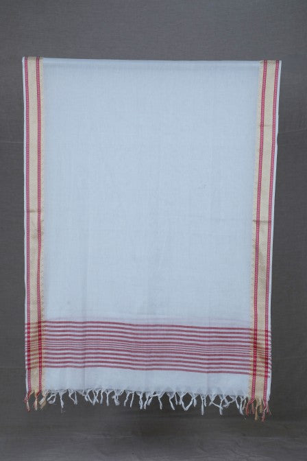 White Handwoven cotton Jacquard suit with Woven Border Dupatta (3 Pc Set)
