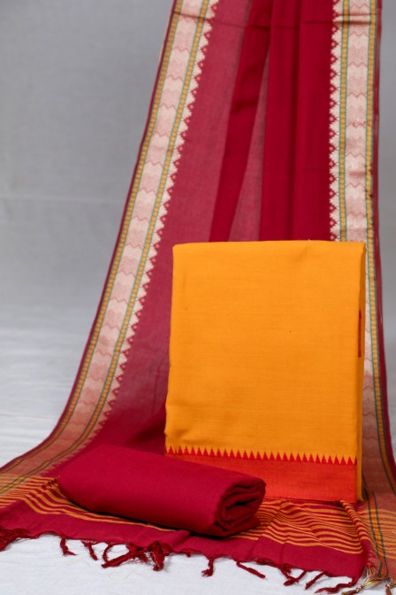 Orange Handwoven Cotton Border Suit with Woven Dupatta (3 Pc Set)