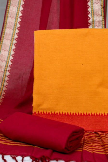 Orange Handwoven Cotton Border Suit with Woven Dupatta (3 Pc Set)