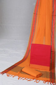 Red Handwoven Cotton Border Suit with Woven Dupatta (3 Pc Set)