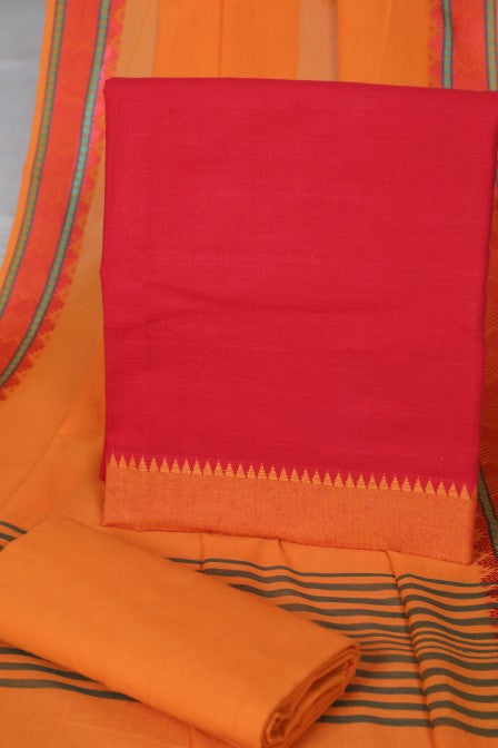 Red Handwoven Cotton Border Suit with Woven Dupatta (3 Pc Set)
