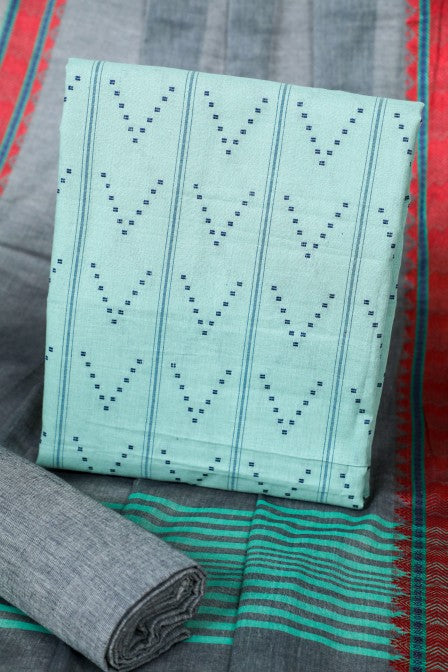 Aqua Pearl Handwoven cotton Jacquard suit with Woven Border Dupatta (3 Pc Set)