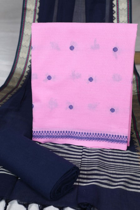 Pink Handwoven cotton Jacquard suit with Woven Border Dupatta (3 Pc Set)