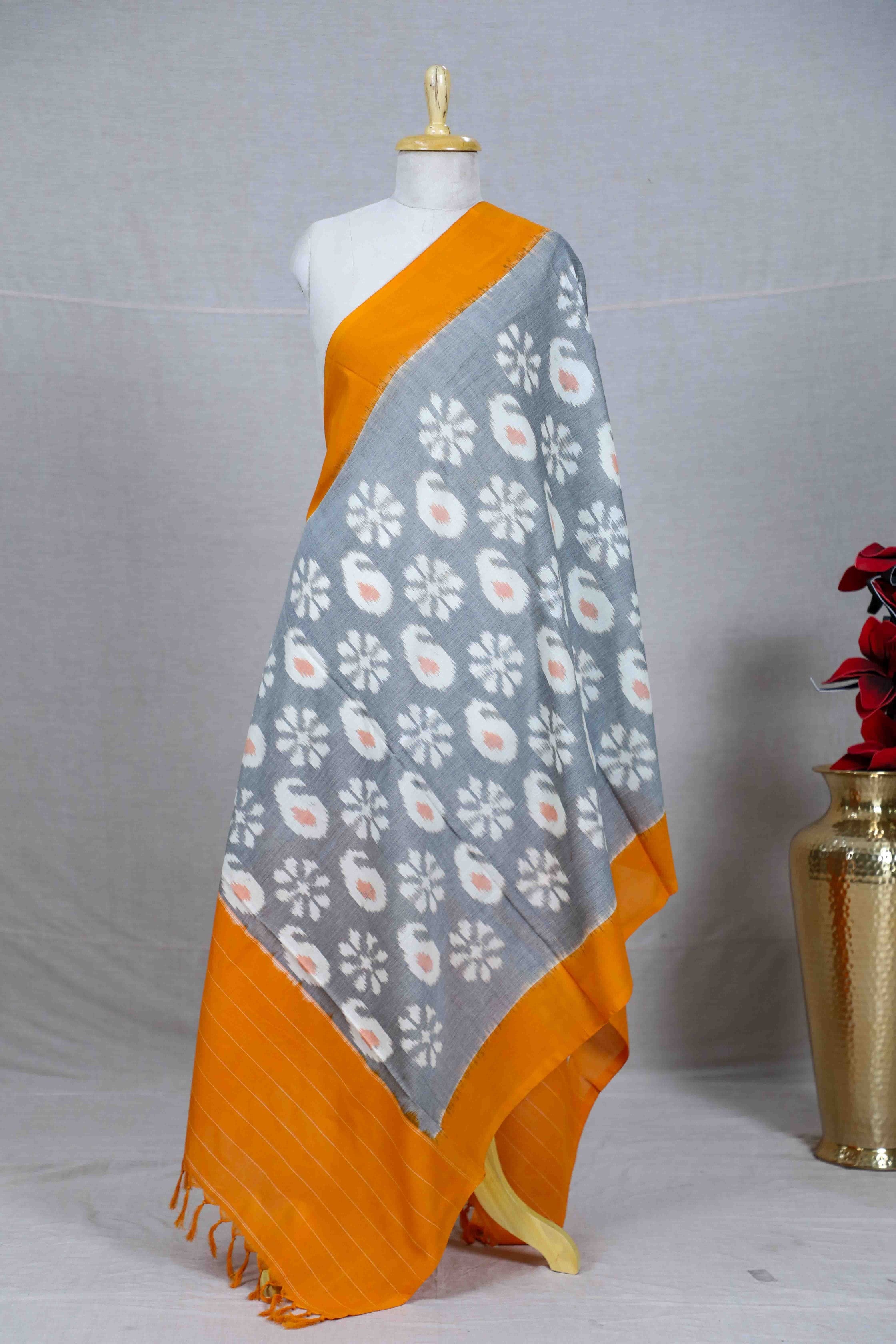 Grey Double Ikat Handwoven Cotton Dupatta
