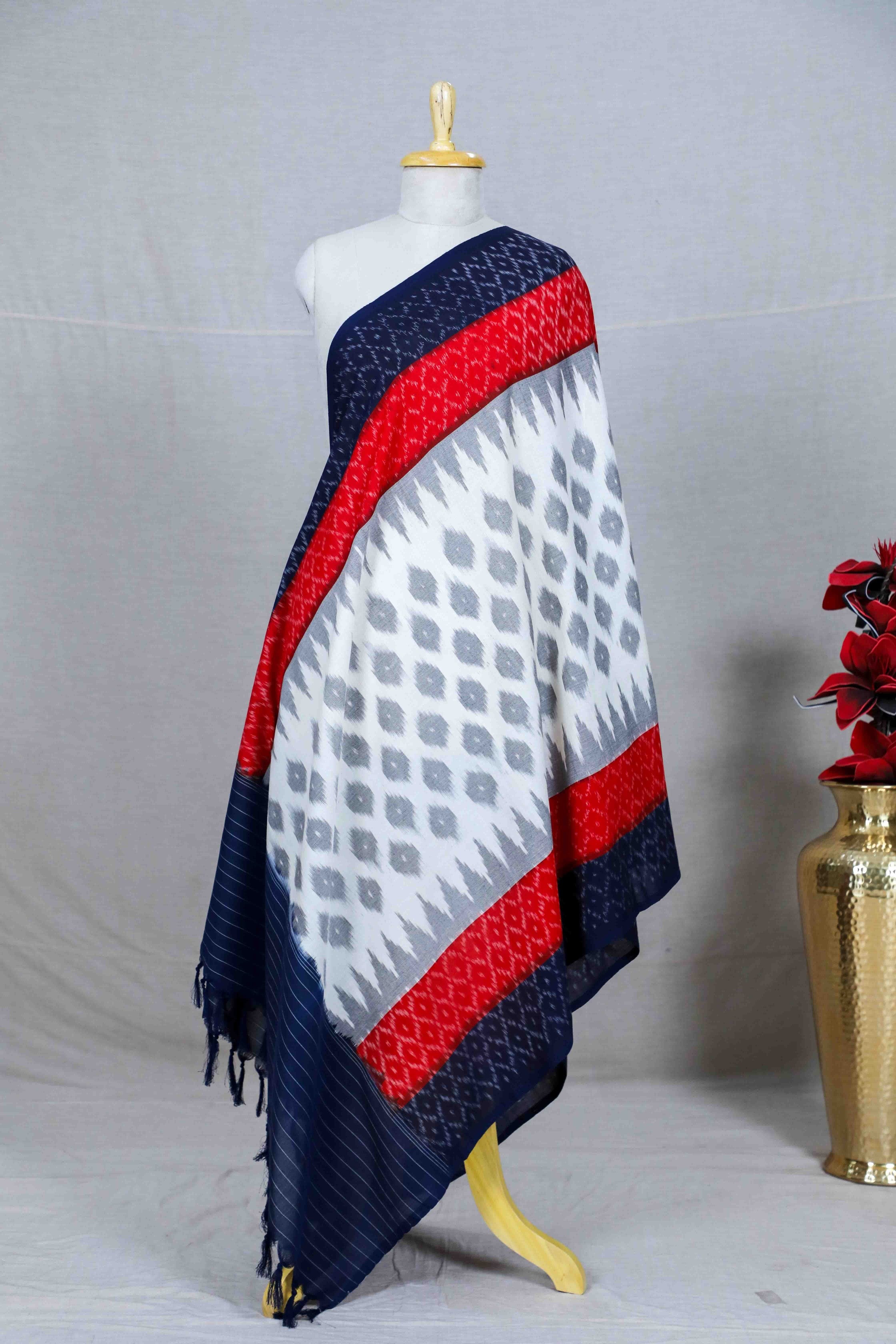 White Double Ikat Handwoven Cotton Dupatta