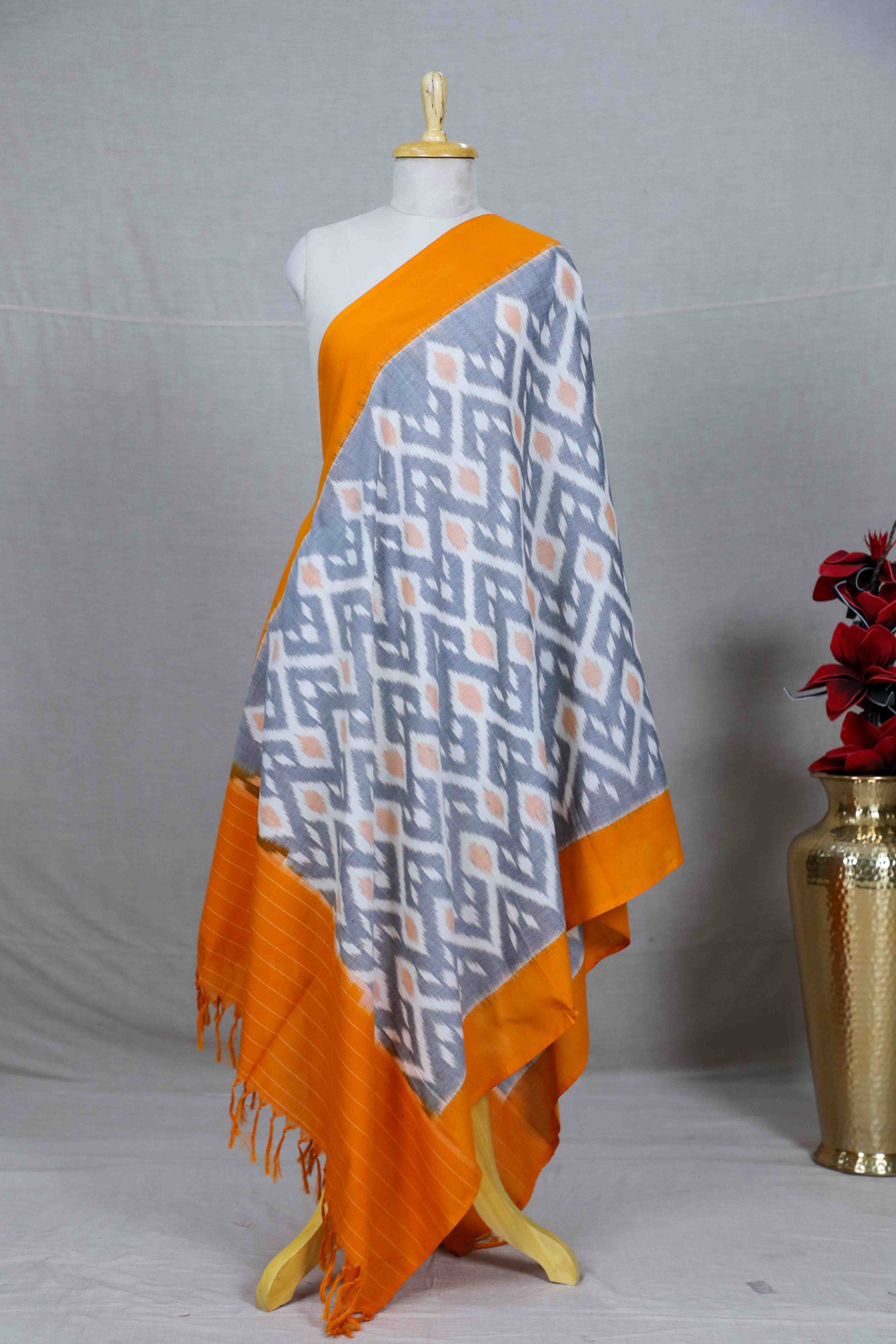 Grey Double Ikat Handwoven Cotton Dupatta