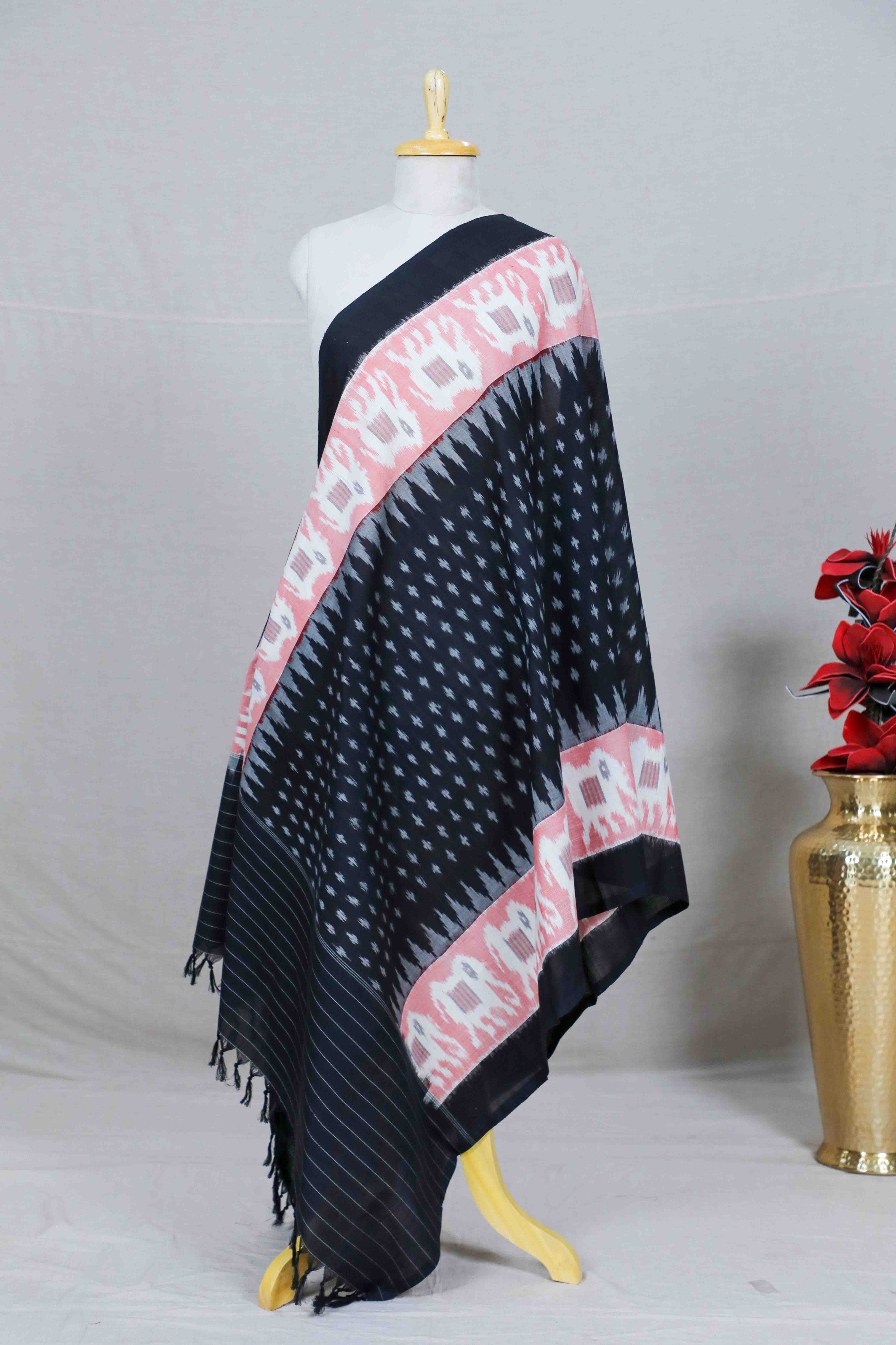 Black Double Ikat Handwoven Cotton Dupatta