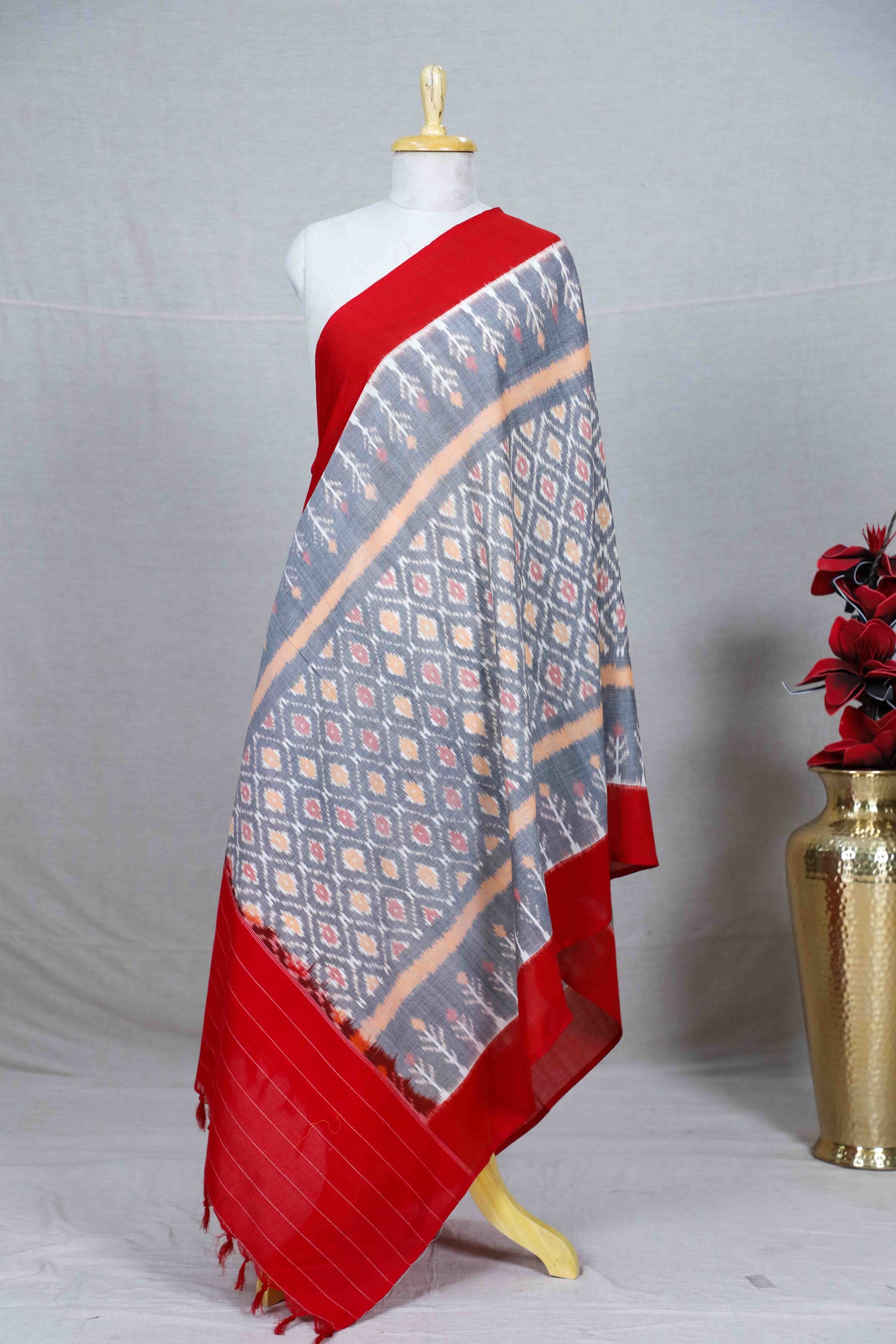 Grey Double Ikat Handwoven Cotton Dupatta