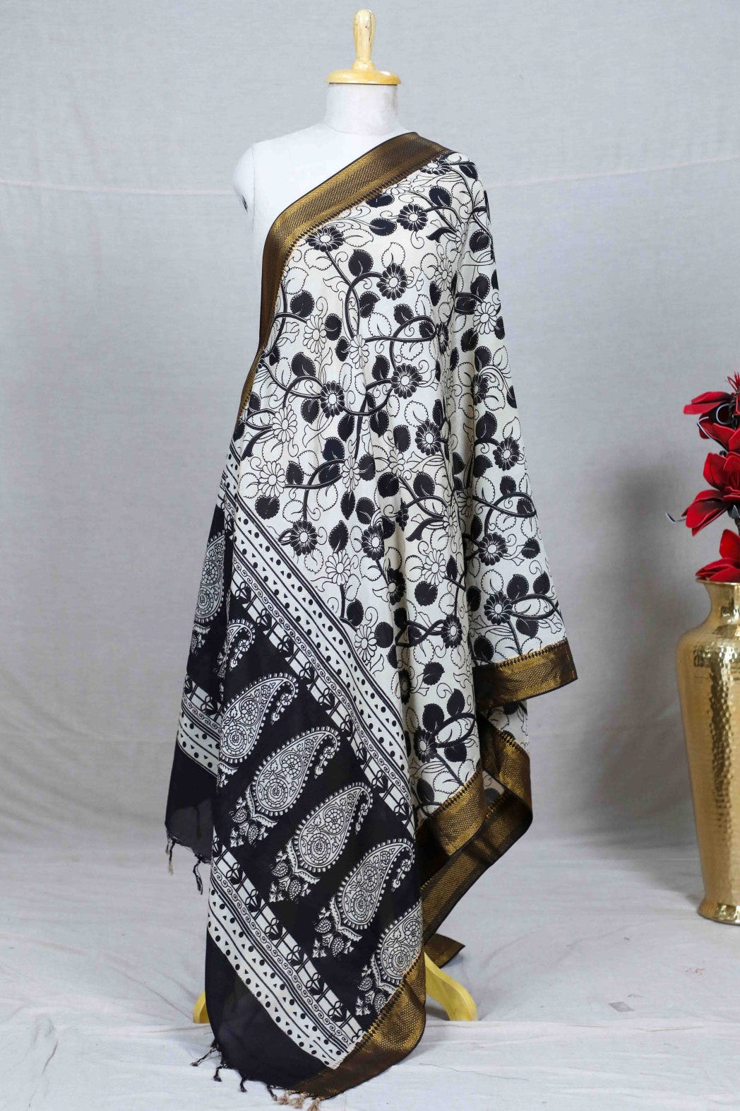 Black Kalamkari Mangalgiri Silk Dupatta