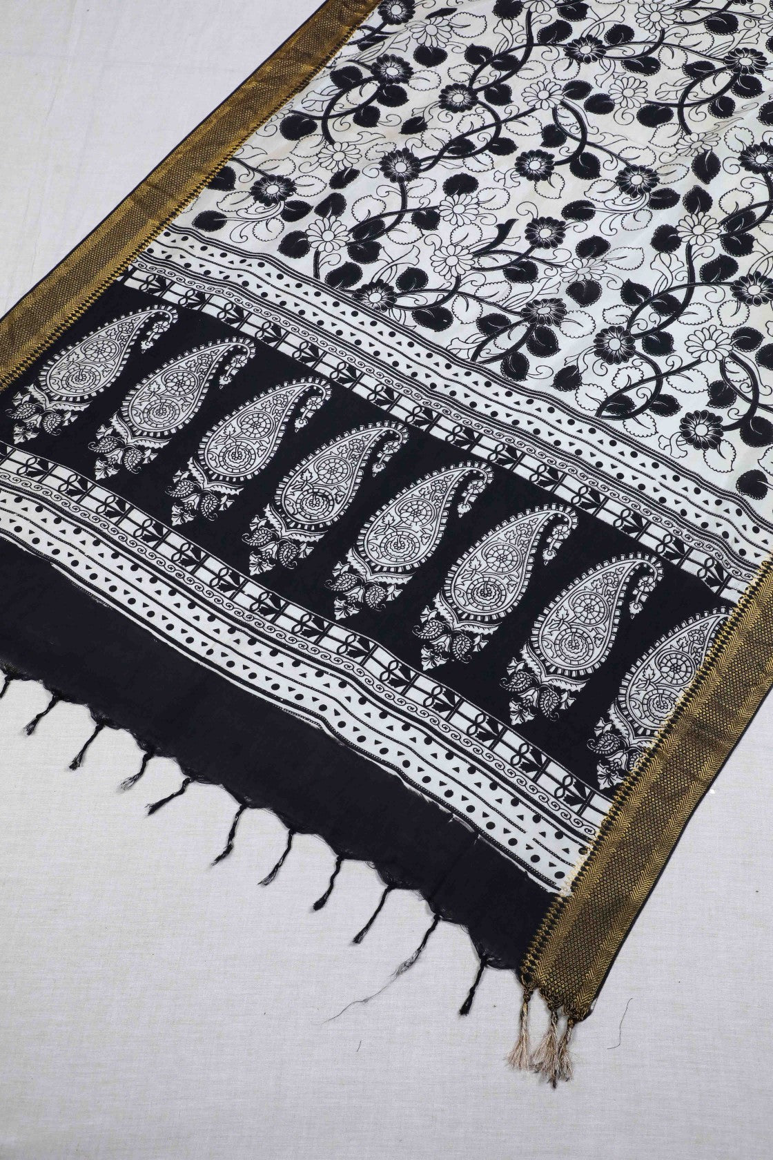 Black Kalamkari Mangalgiri Silk Dupatta