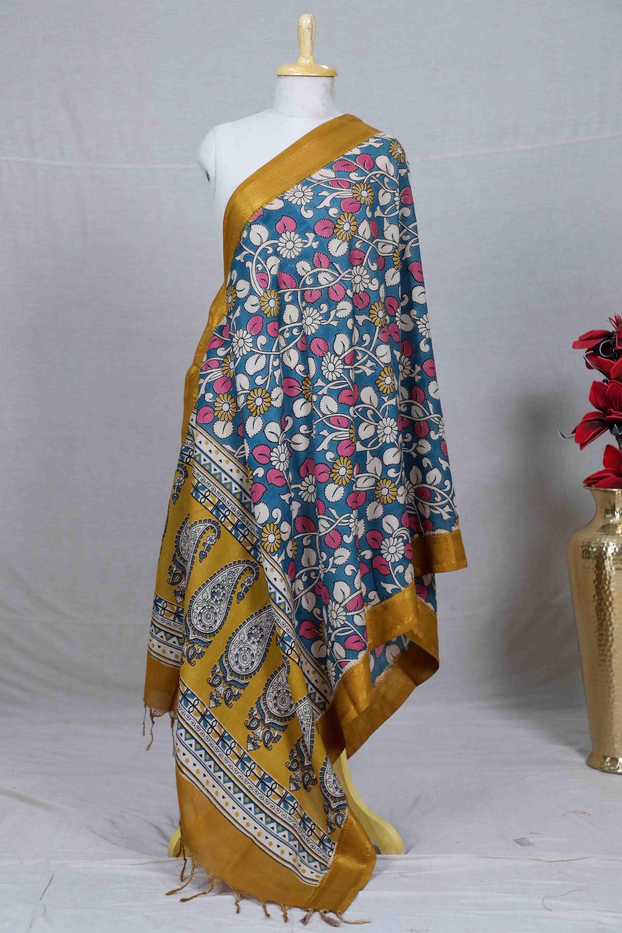 Mustard Kalamkari Mangalgiri Silk Dupatta