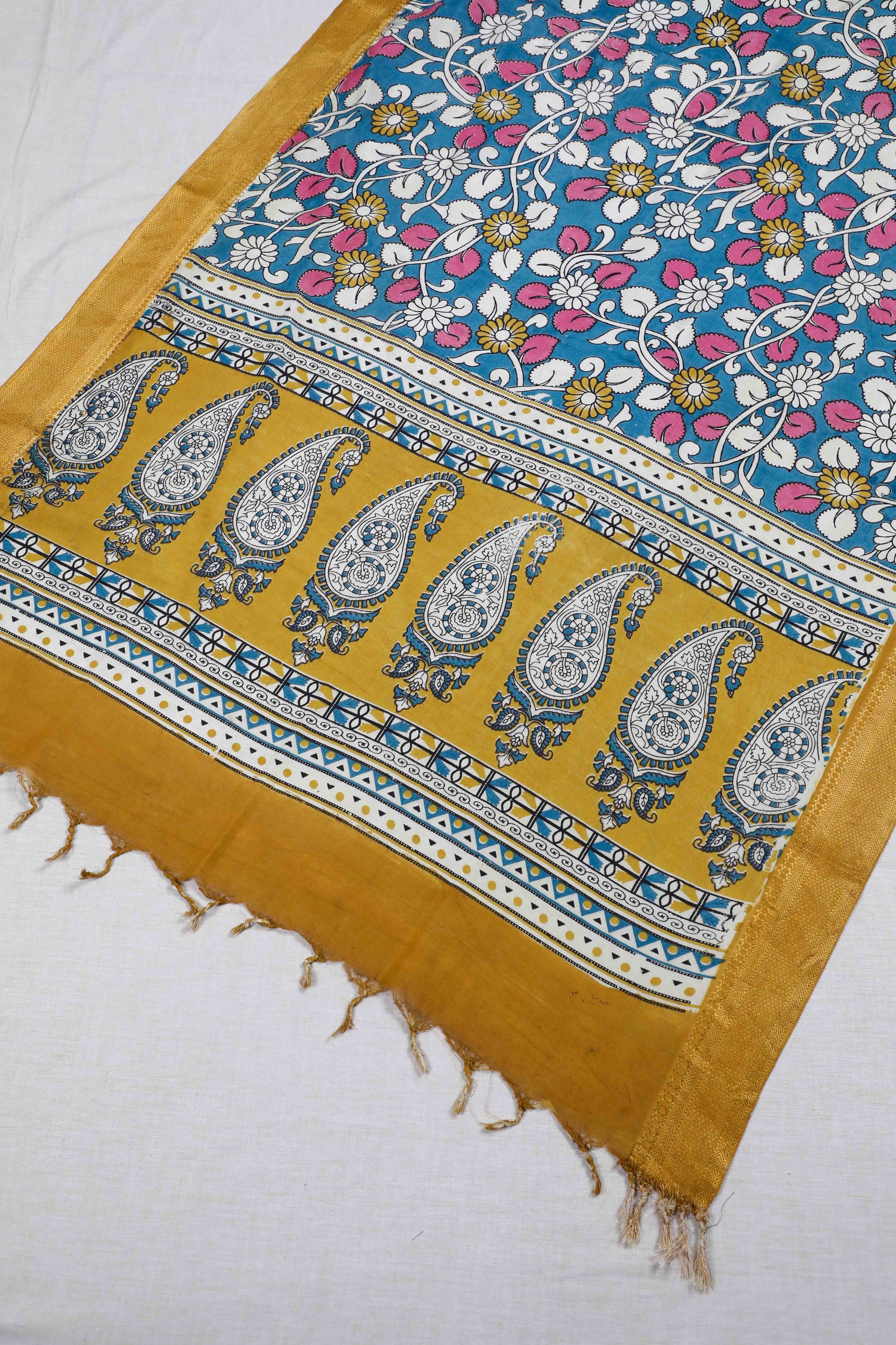 Mustard Kalamkari Mangalgiri Silk Dupatta