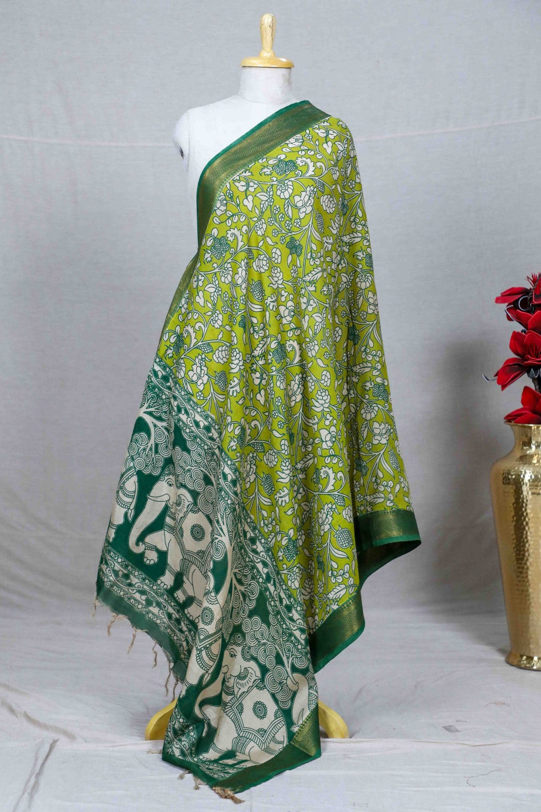 Green Kalamkari Mangalgiri Silk Dupatta