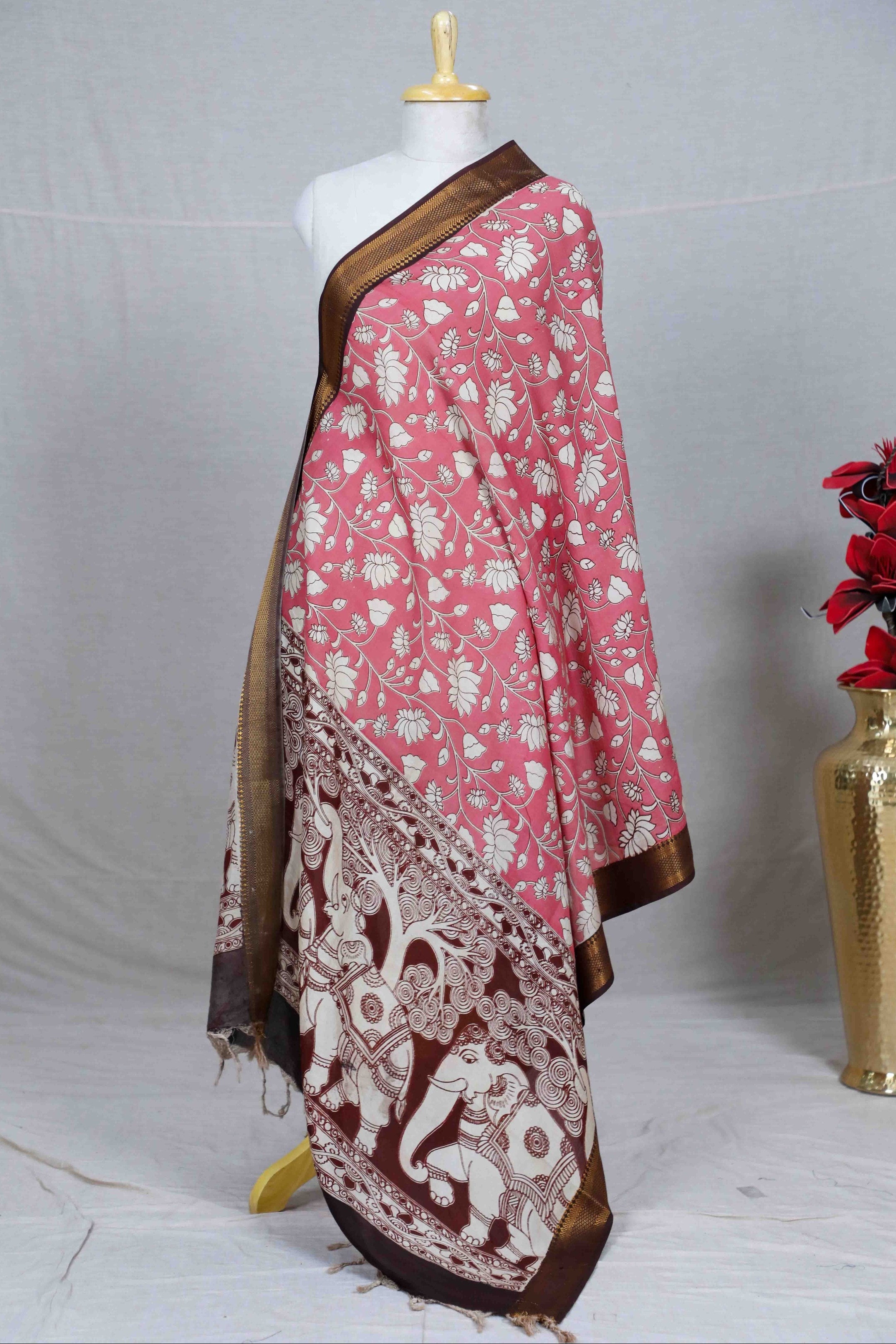 Pink Kalamkari Mangalgiri Silk Dupatta