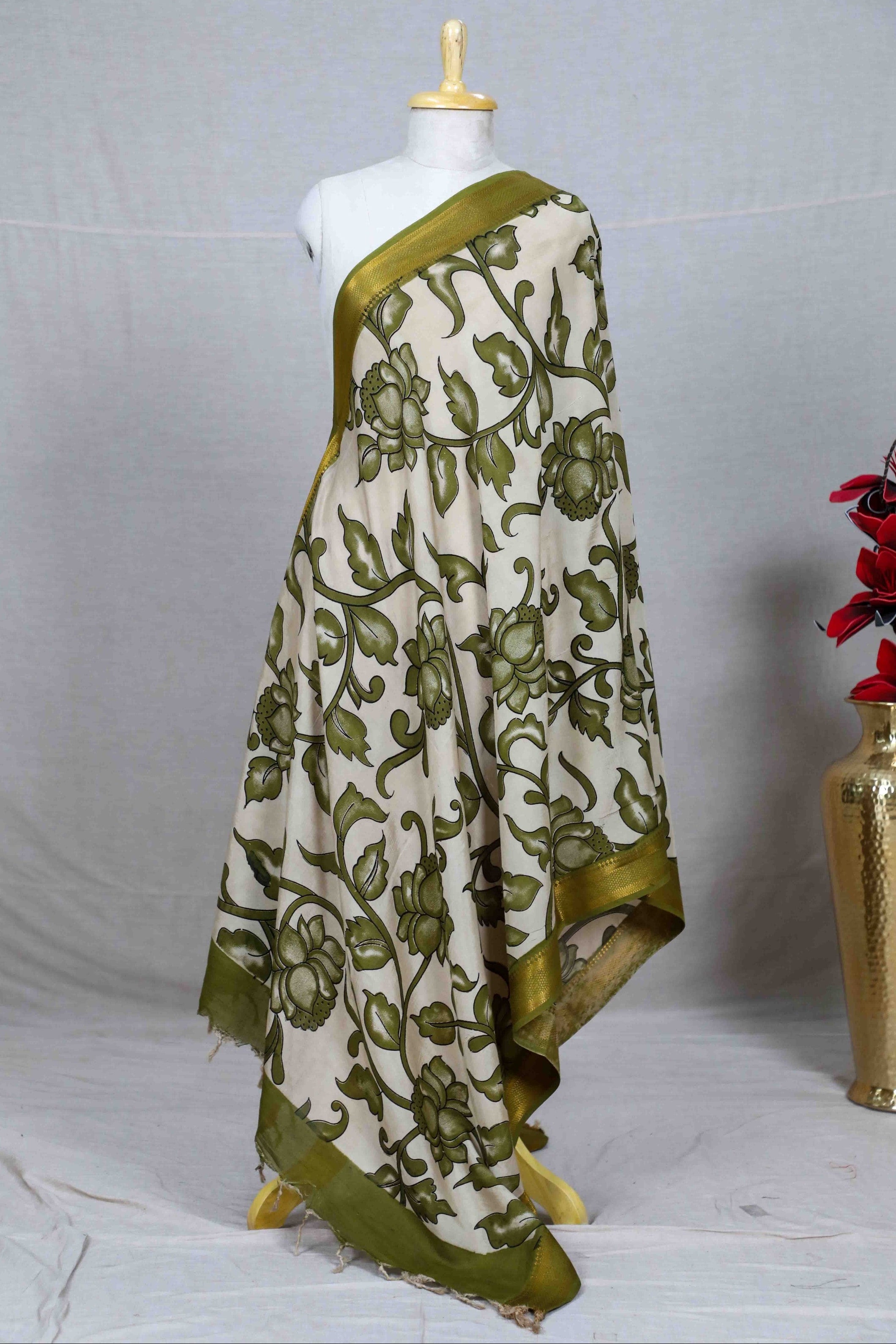 Mehandi Green Kalamkari Mangalgiri Silk Dupatta