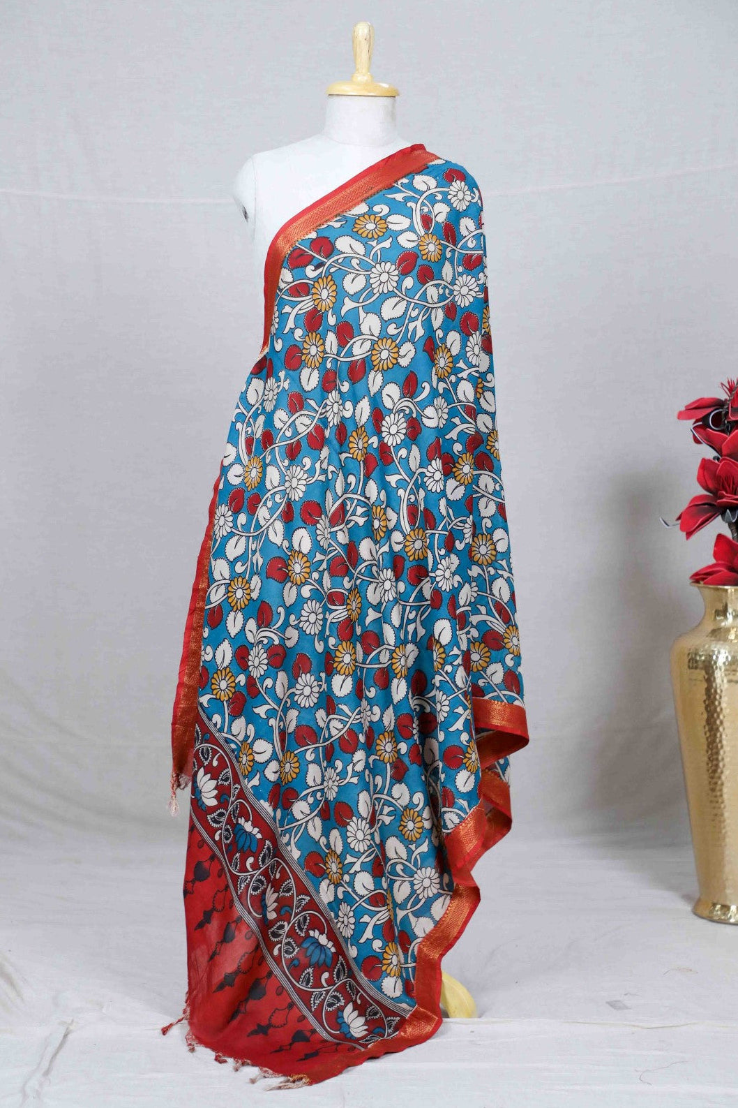 Blue Kalamkari Mangalgiri Silk Dupatta