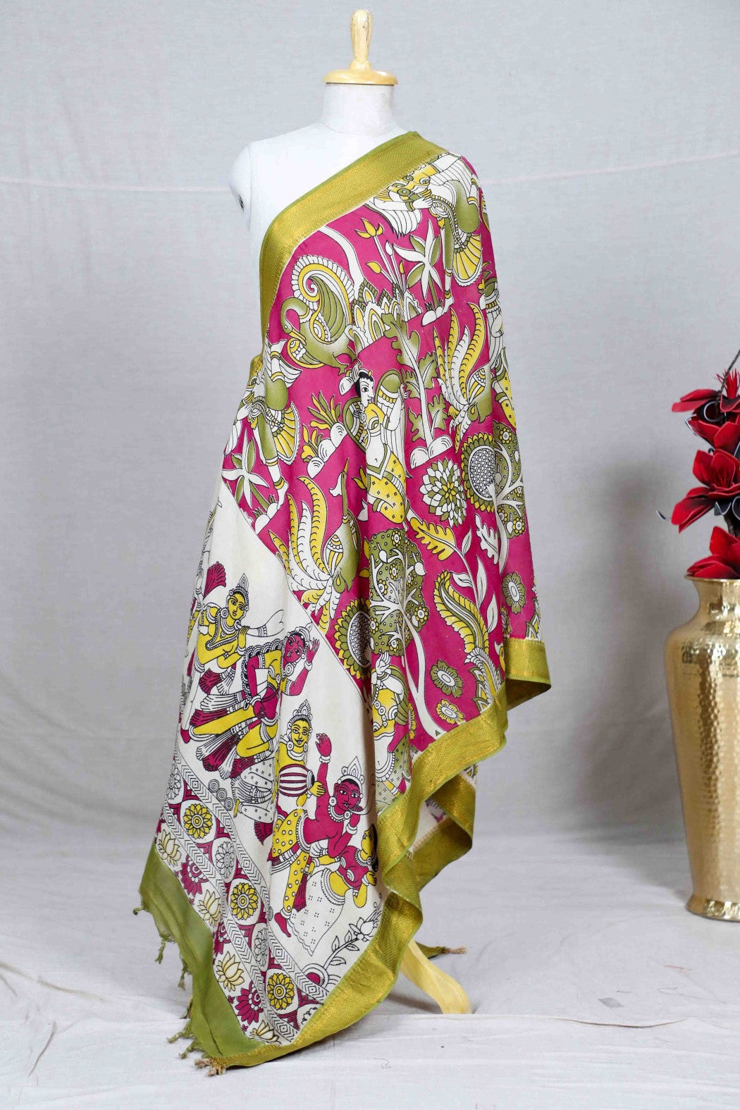 Pink Kalamkari Mangalgiri Silk Dupatta