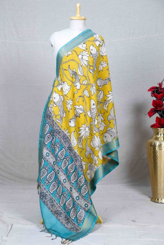 Yellow Kalamkari Mangalgiri Silk Dupatta