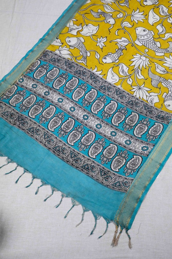 Yellow Kalamkari Mangalgiri Silk Dupatta