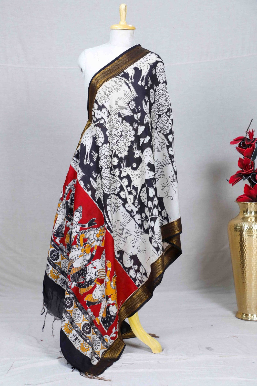 Black Kalamkari Mangalgiri Silk Dupatta