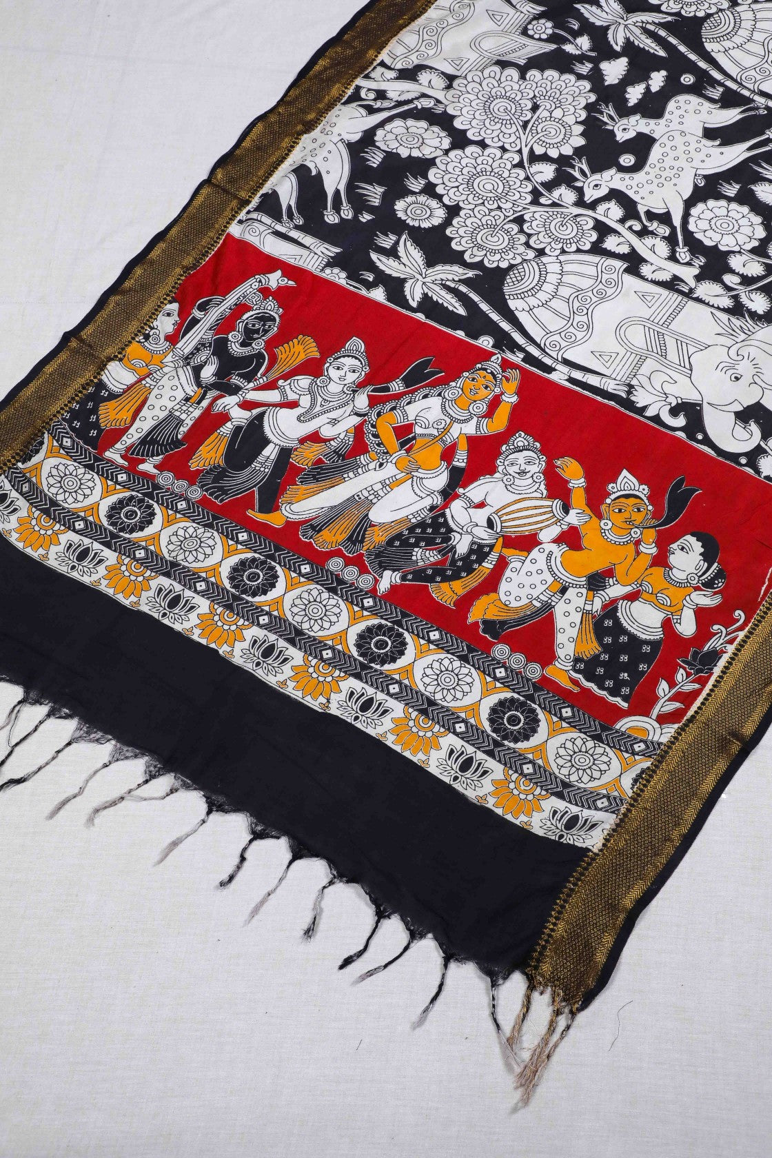 Black Kalamkari Mangalgiri Silk Dupatta
