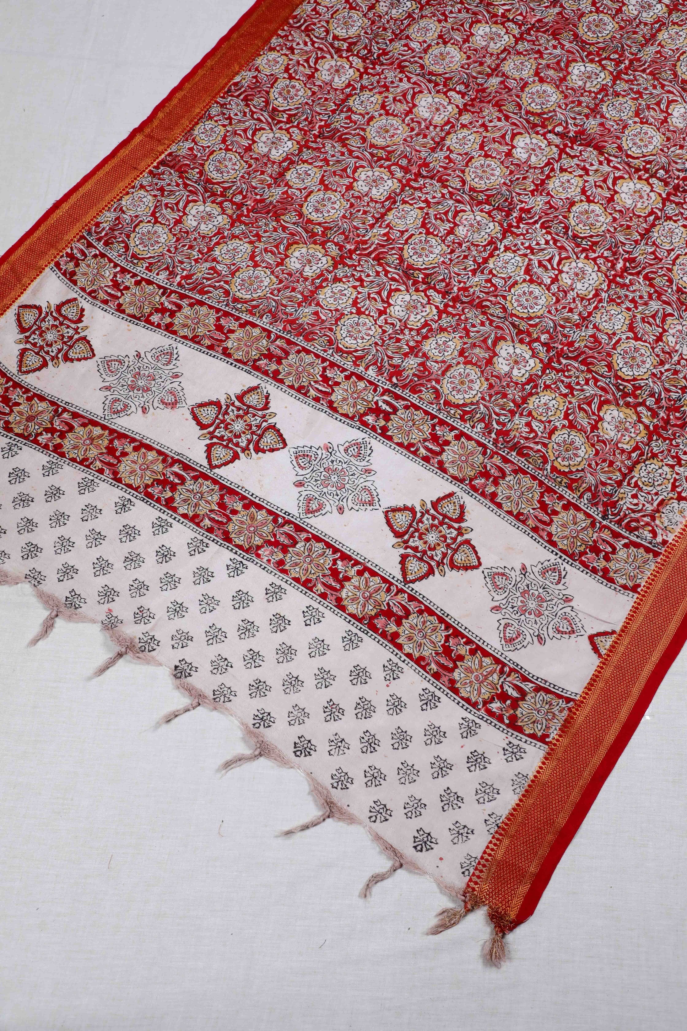 Red Block Print Kalamkari Silk Dupatta