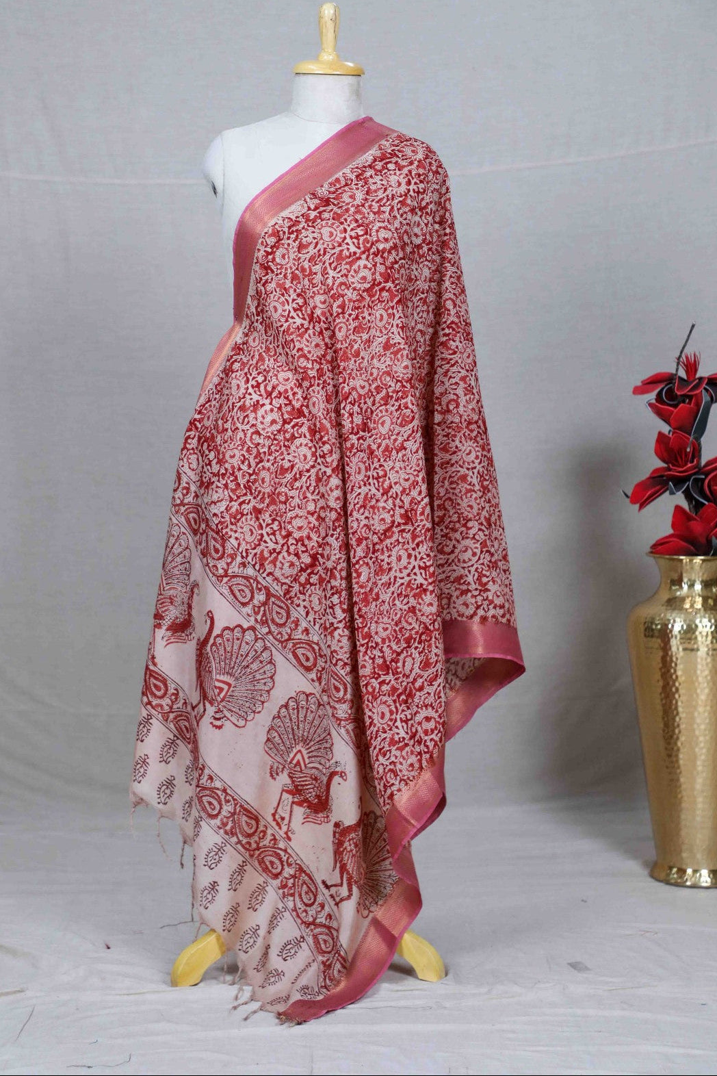 Magenta Block Print Kalamkari Silk Dupatta