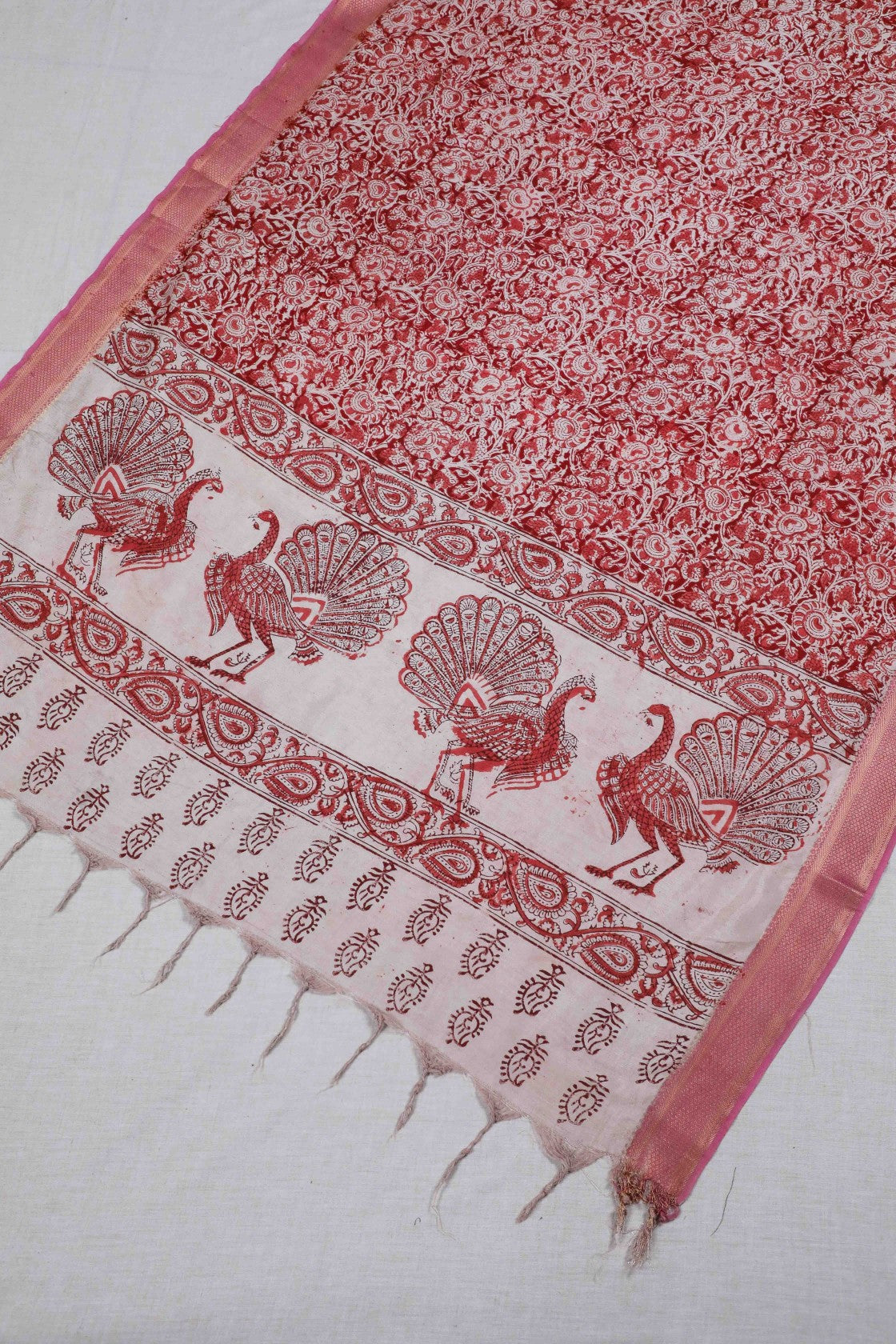 Magenta Block Print Kalamkari Silk Dupatta