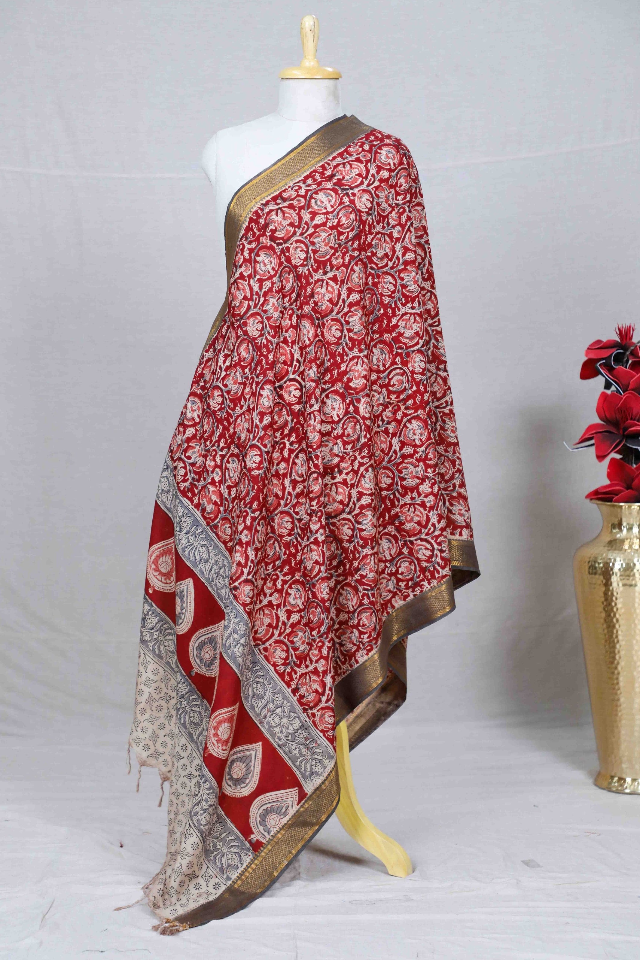 Maroon Block Print Kalamkari Silk Dupatta
