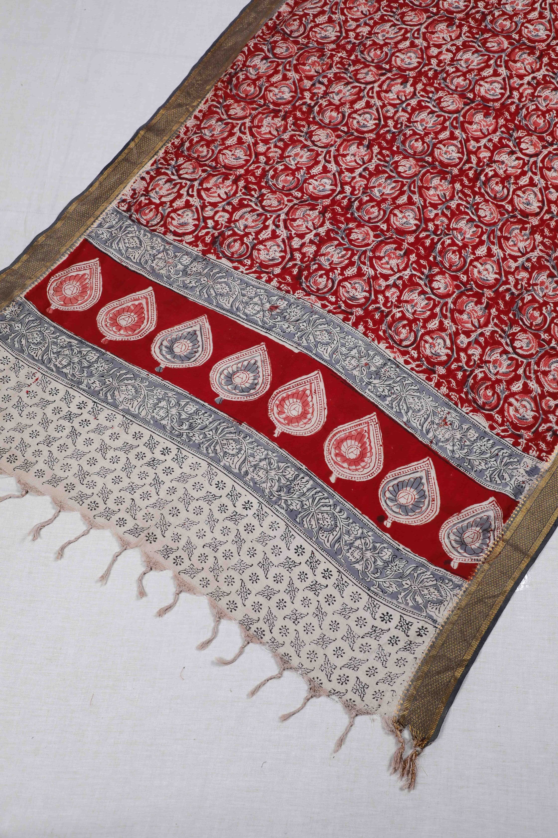 Maroon Block Print Kalamkari Silk Dupatta