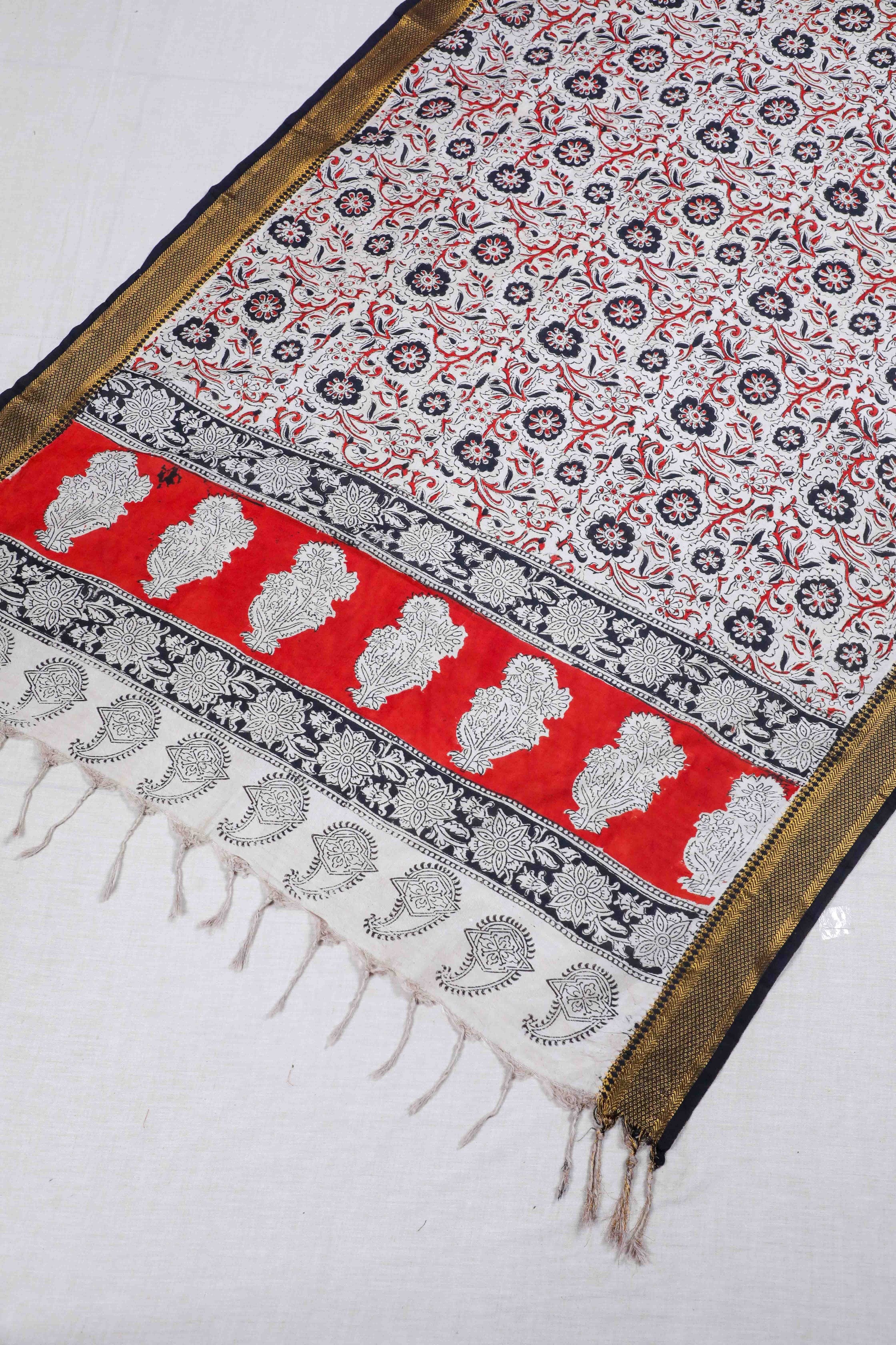 Black Block Print Kalamkari Silk Dupatta