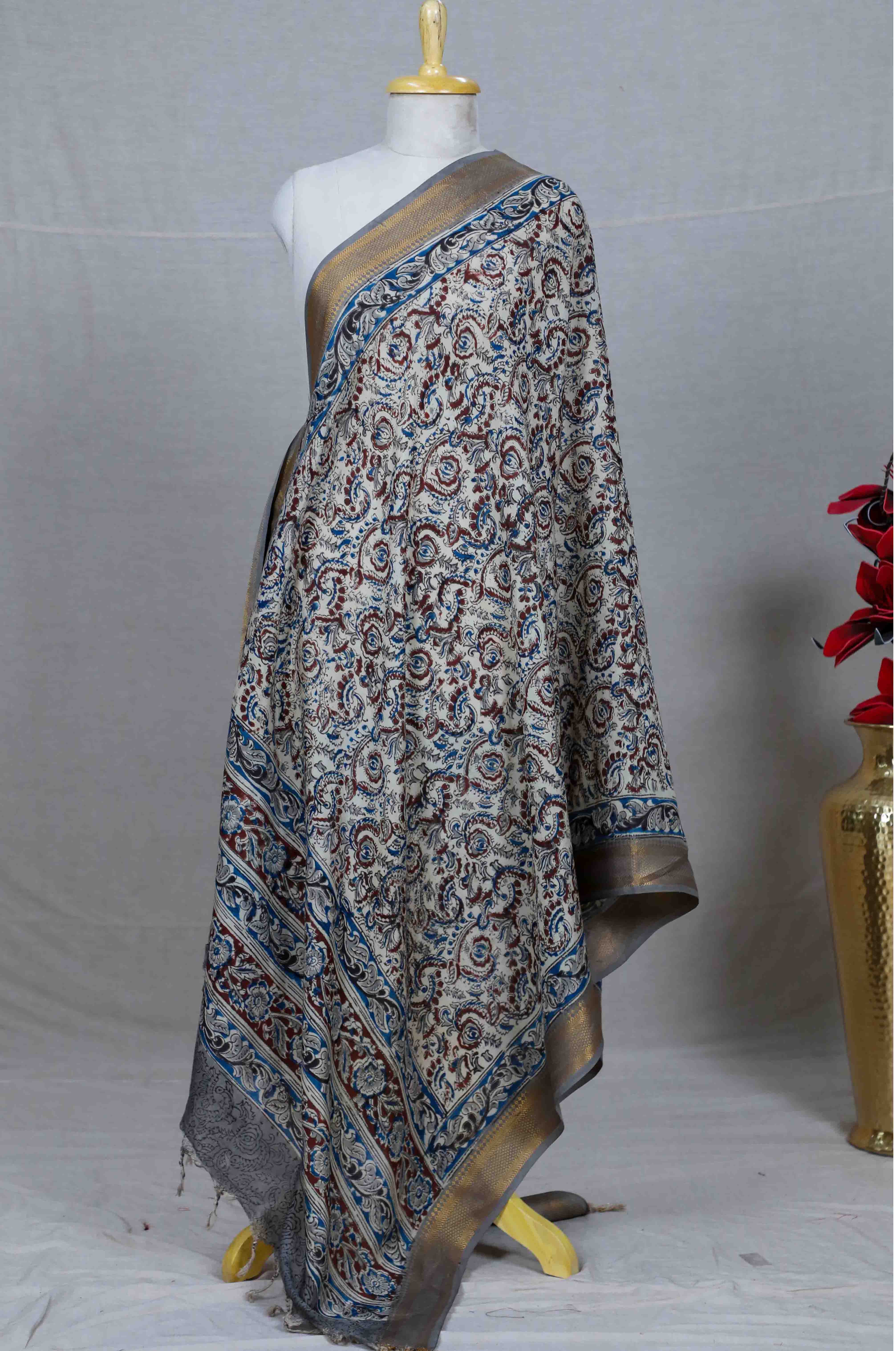 Grey Block Print Kalamkari Silk Dupatta