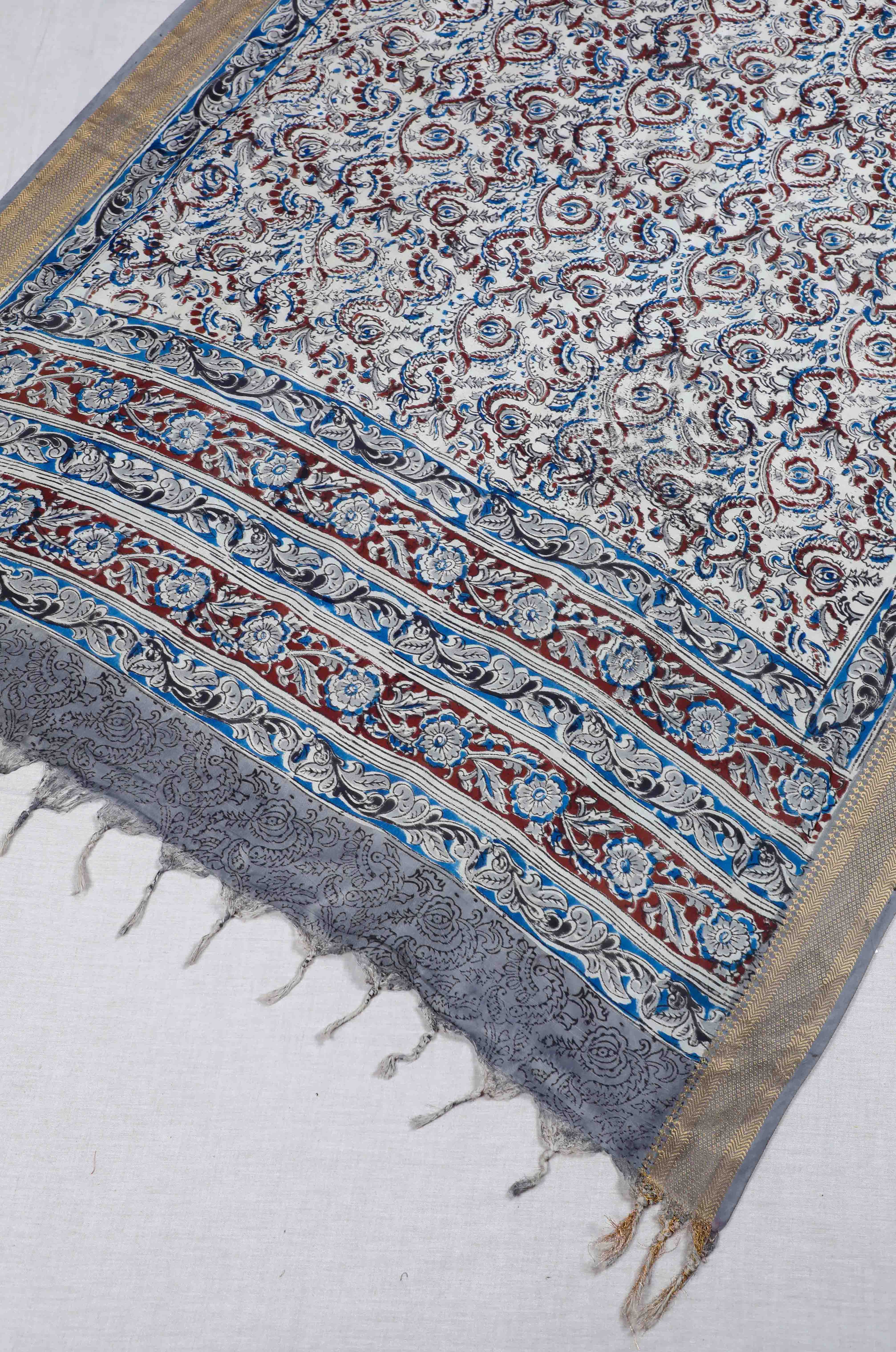 Grey Block Print Kalamkari Silk Dupatta