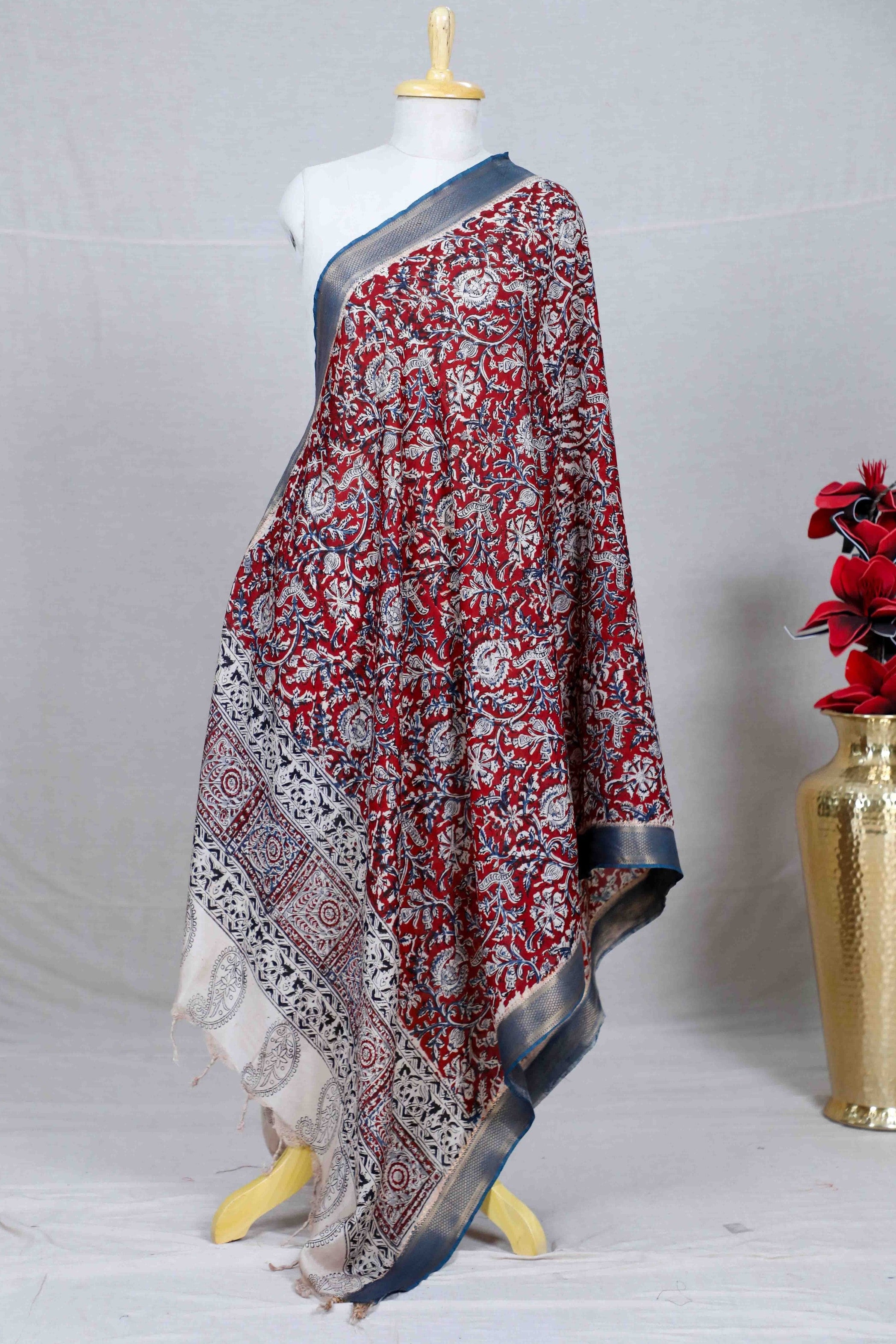 Maroon Block Print Kalamkari Silk Dupatta