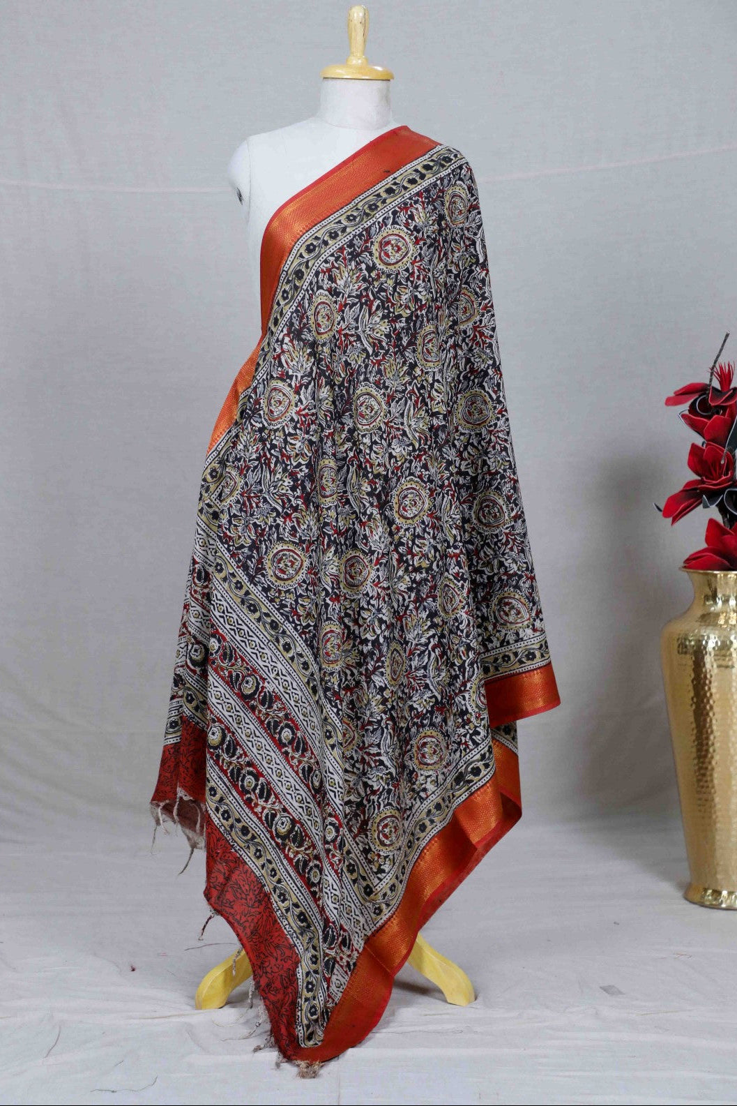 Red Block Print Kalamkari Silk Dupatta