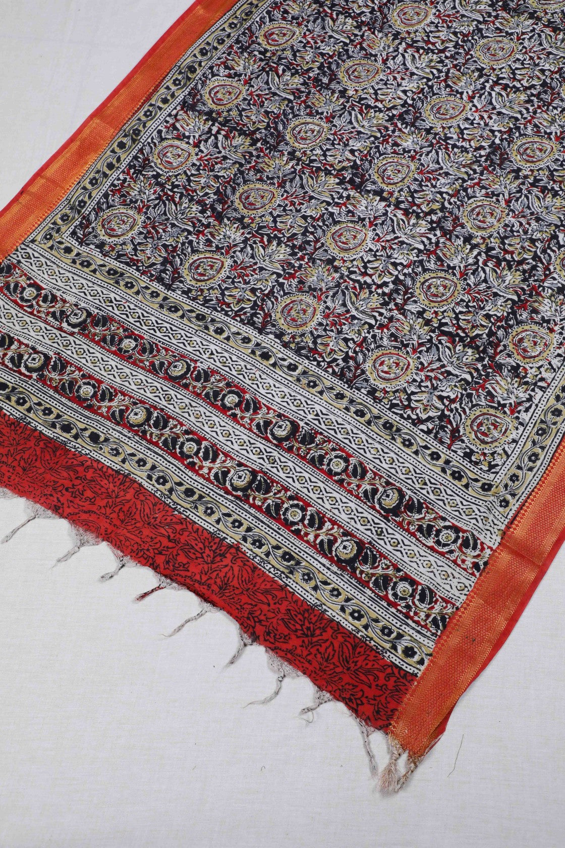Red Block Print Kalamkari Silk Dupatta