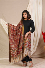 Red Block Print Kalamkari Silk Dupatta
