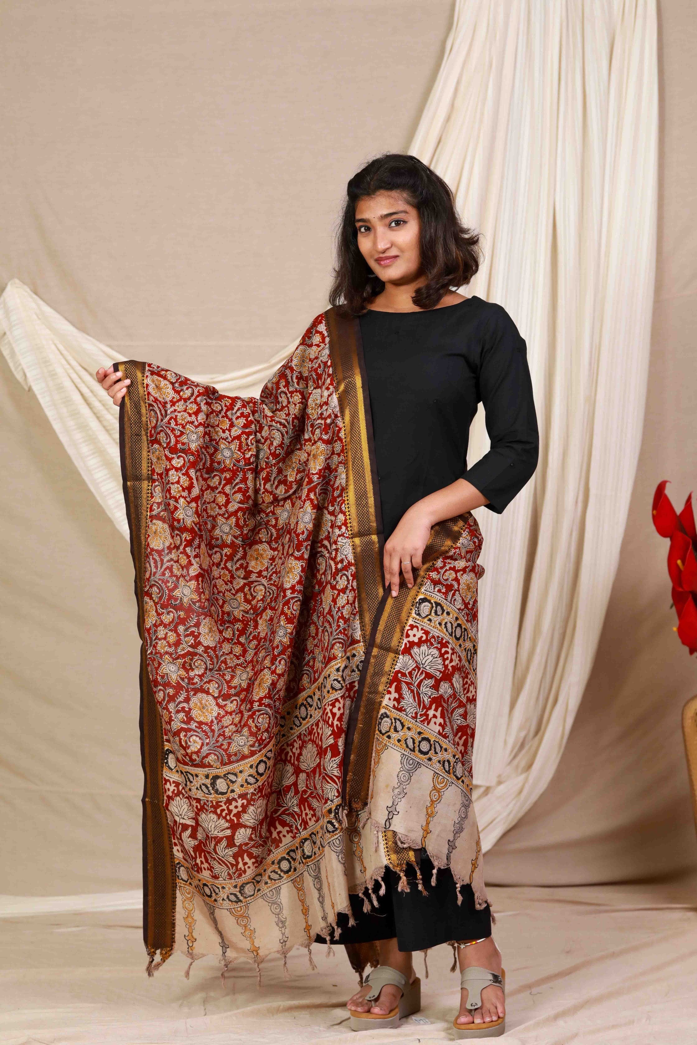 Red Block Print Kalamkari Silk Dupatta