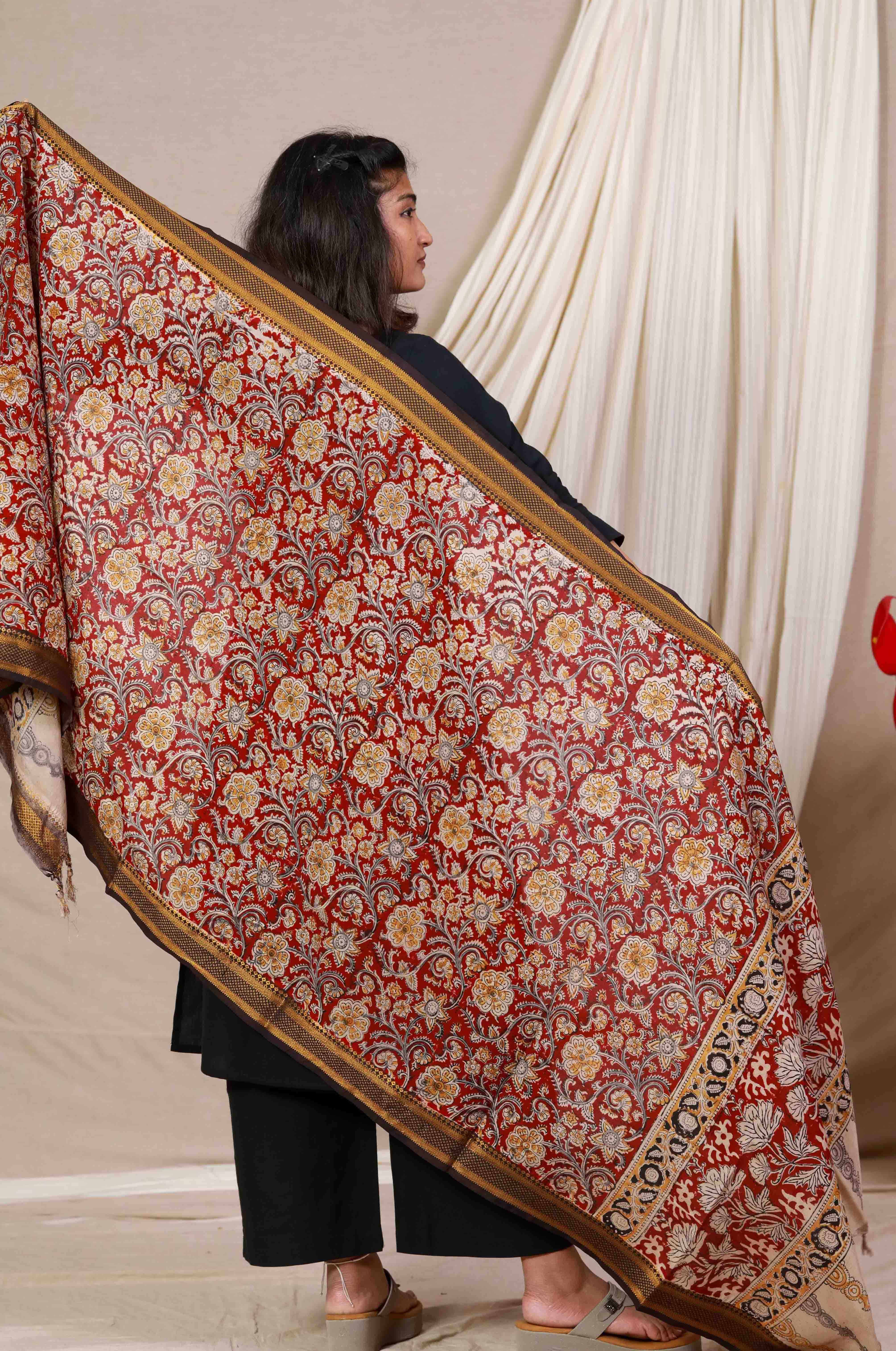 Red Block Print Kalamkari Silk Dupatta