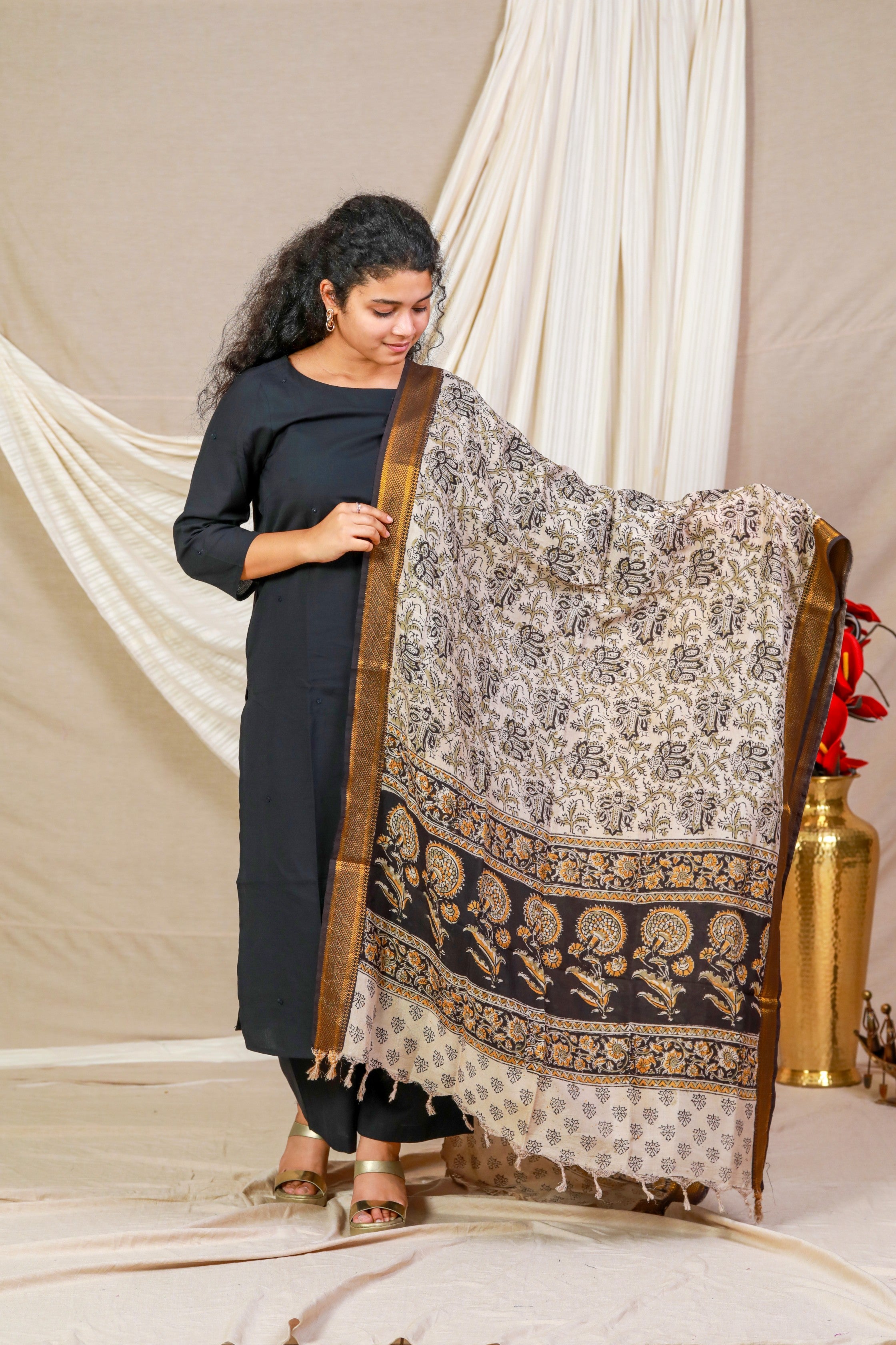 Black Block Print Kalamkari Silk Dupatta