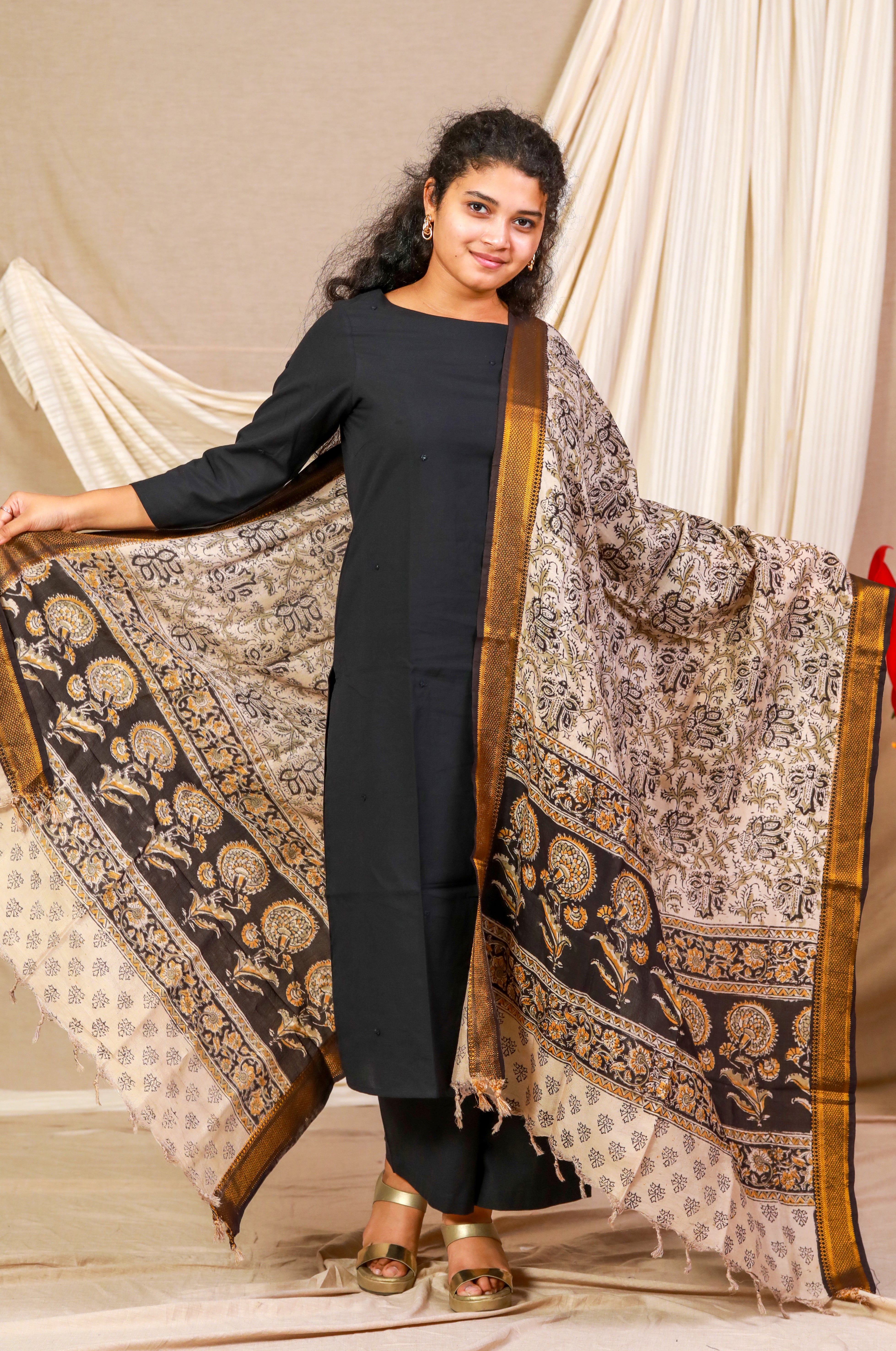 Black Block Print Kalamkari Silk Dupatta