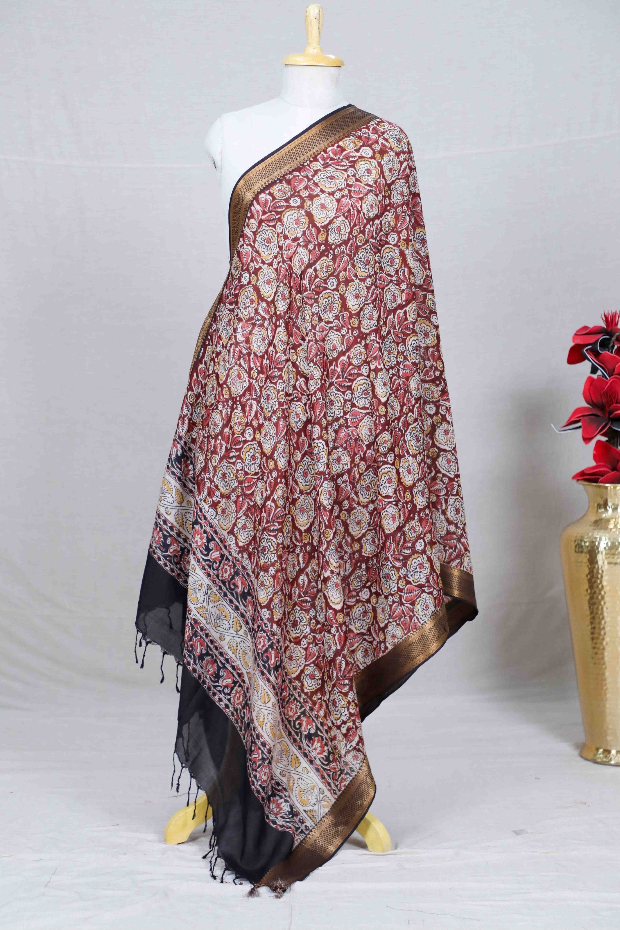 Maroon Block Print Kalamkari Silk Dupatta
