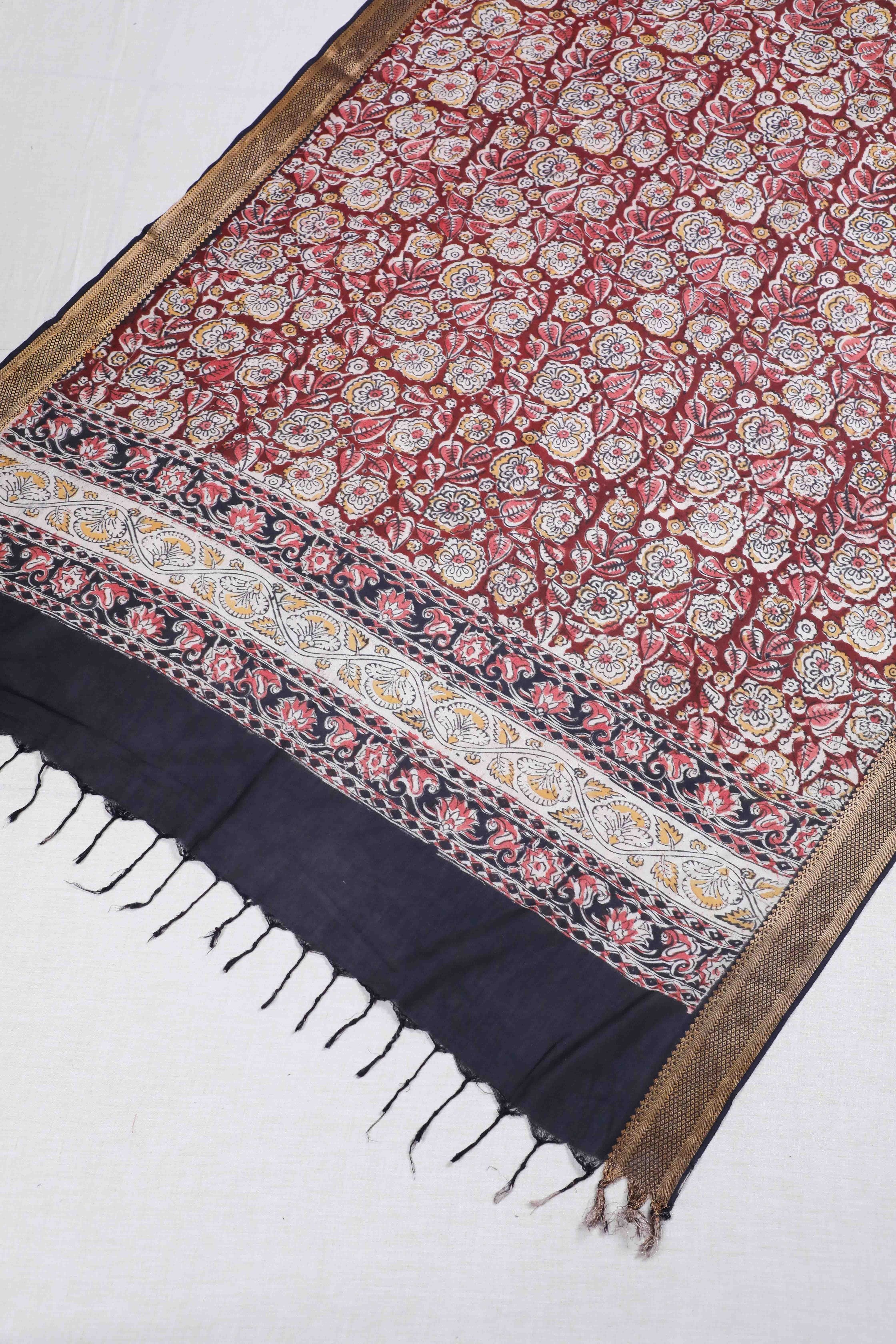 Maroon Block Print Kalamkari Silk Dupatta