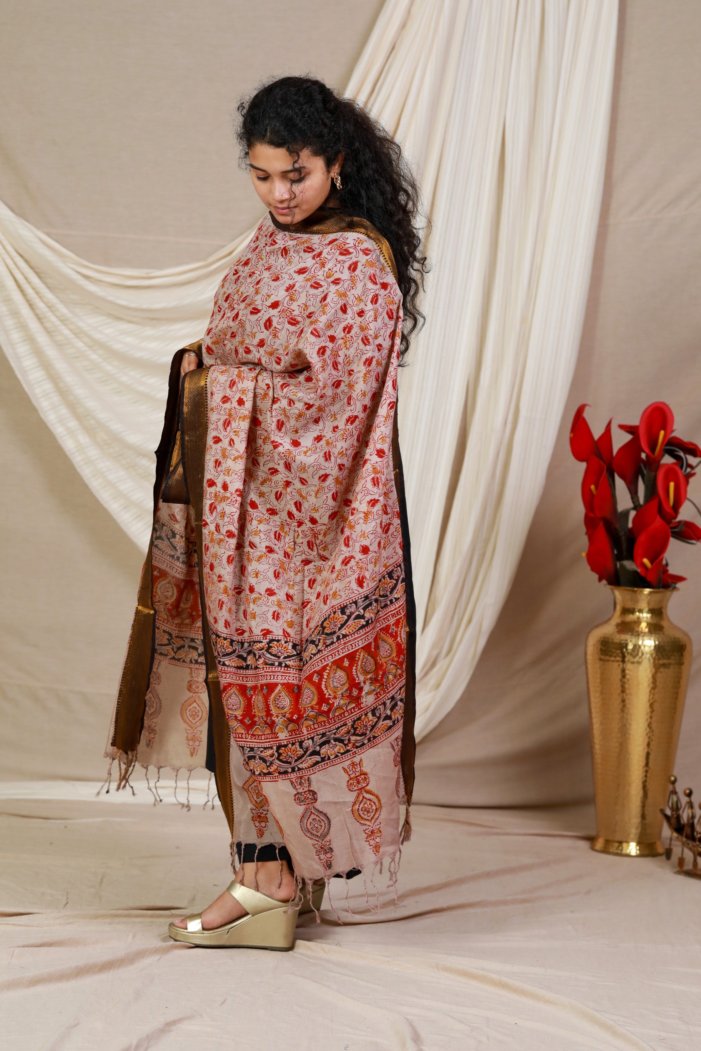 Red Block Print Kalamkari Silk Dupatta