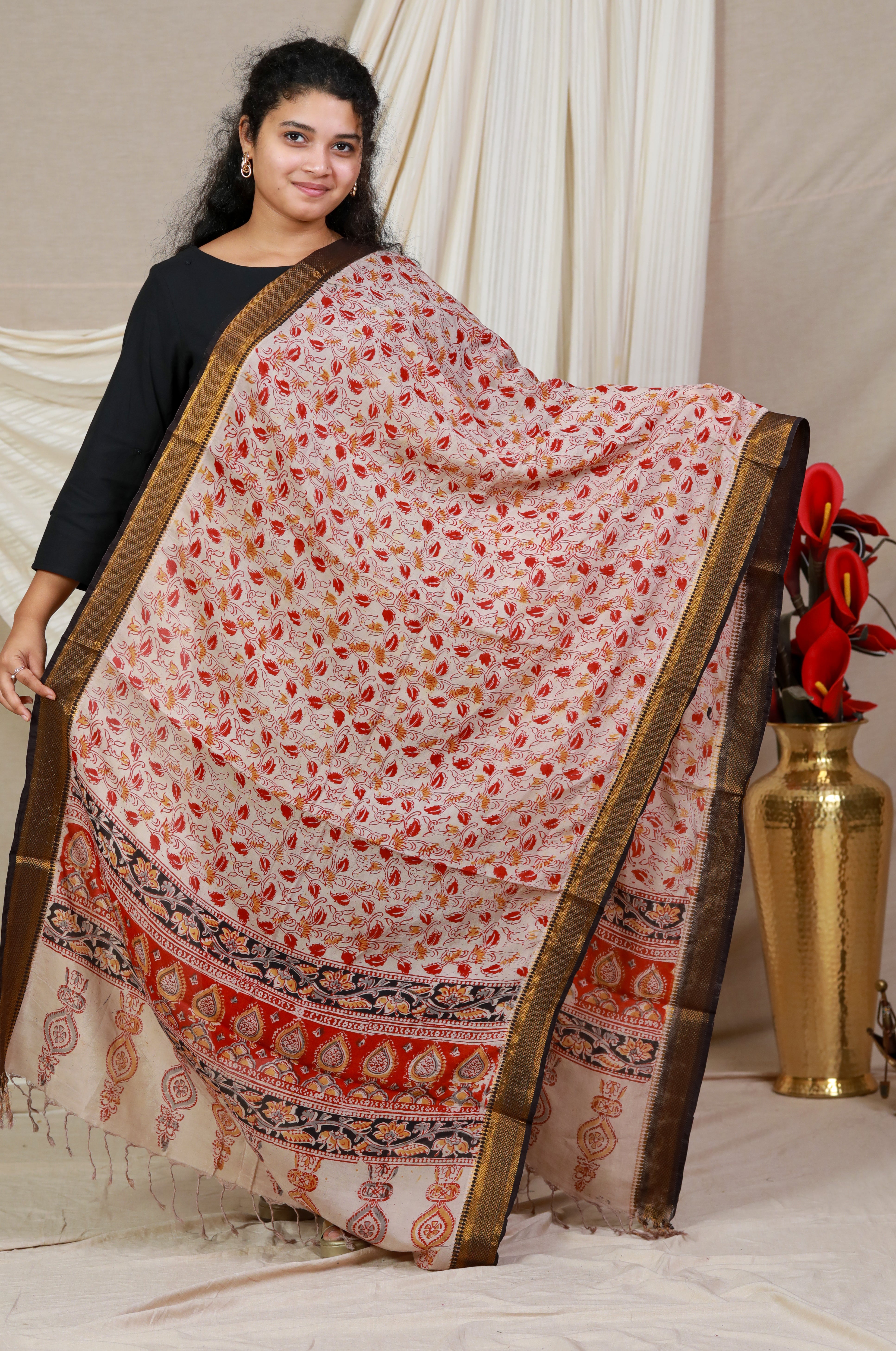 Red Block Print Kalamkari Silk Dupatta